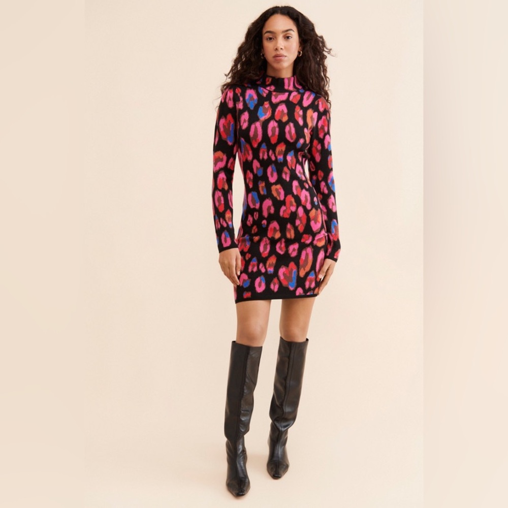 Farm Rio Iridescent Leopards Fitted Sweater Dress in Black Sz. XS Sz. X-Small - Picture 5 of 16